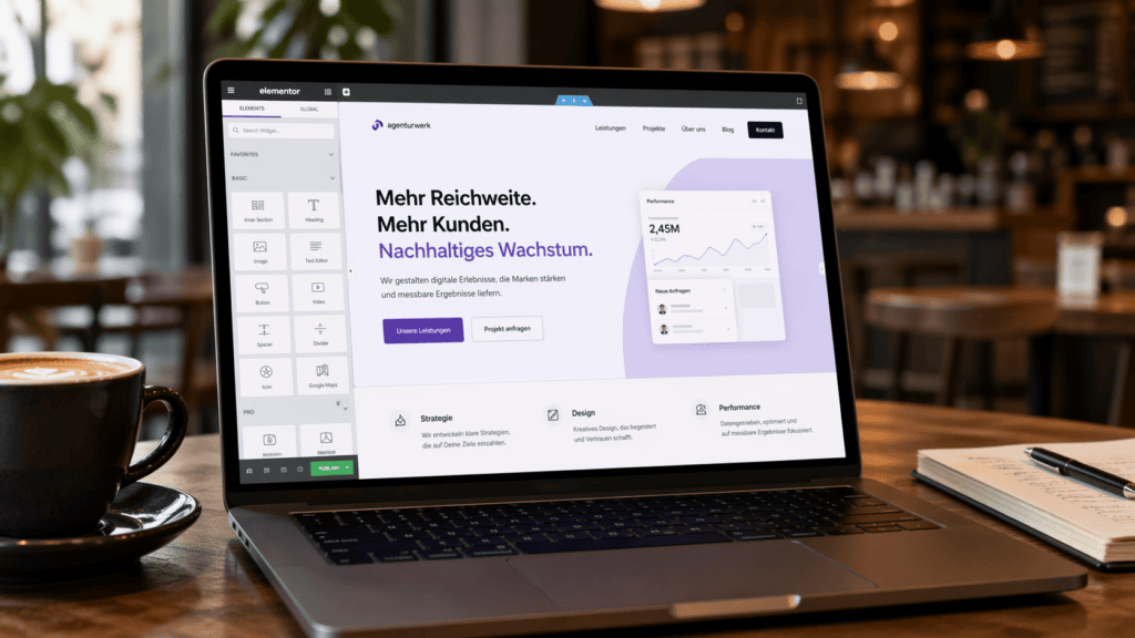 Elementor Pro vs Bricks Builder der Vergleich 17 Laptop mit Elementor Page Builder bei Konzeption einer Landingpage in WordPress