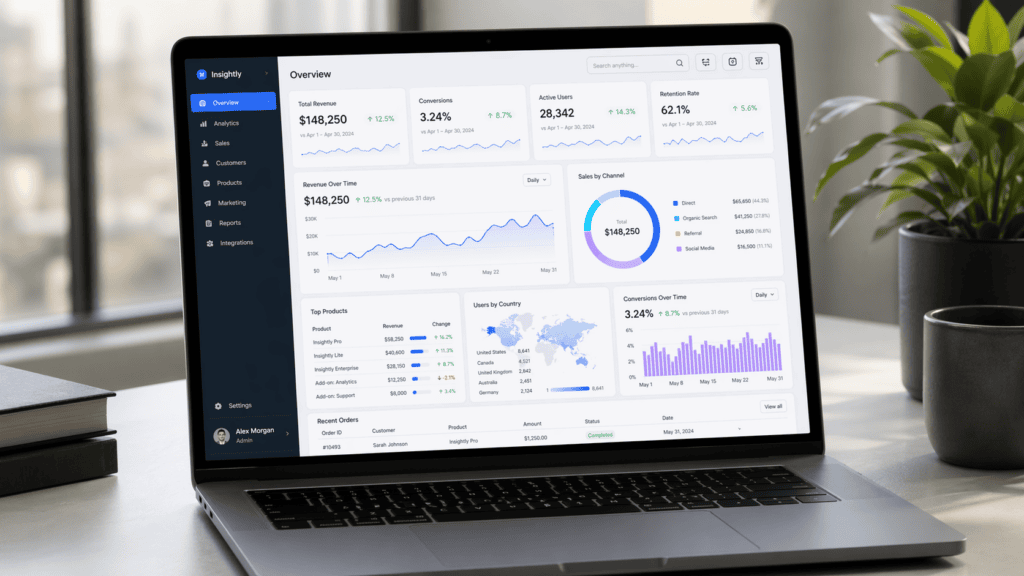 High End Dashboard Webdesign mit übersichtlichen KPIs