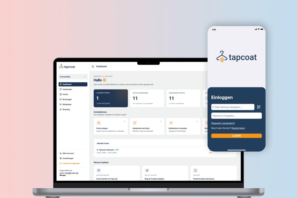 Tapcoat Garderoben App in Smartphone und Admin-Dashboard-Software in Browserfenster Mockup
